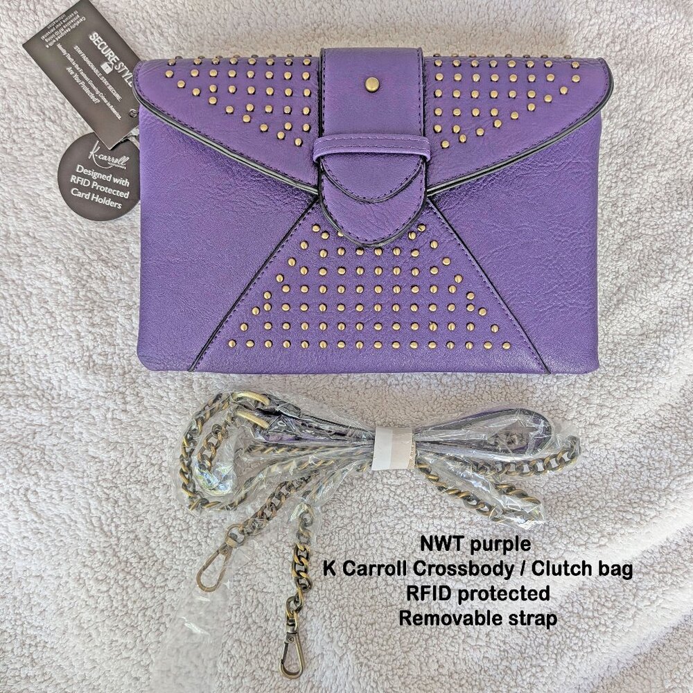NWT purple K Carroll 9x6 Crossbody / Clutch bag, RFID protected, Removable strap